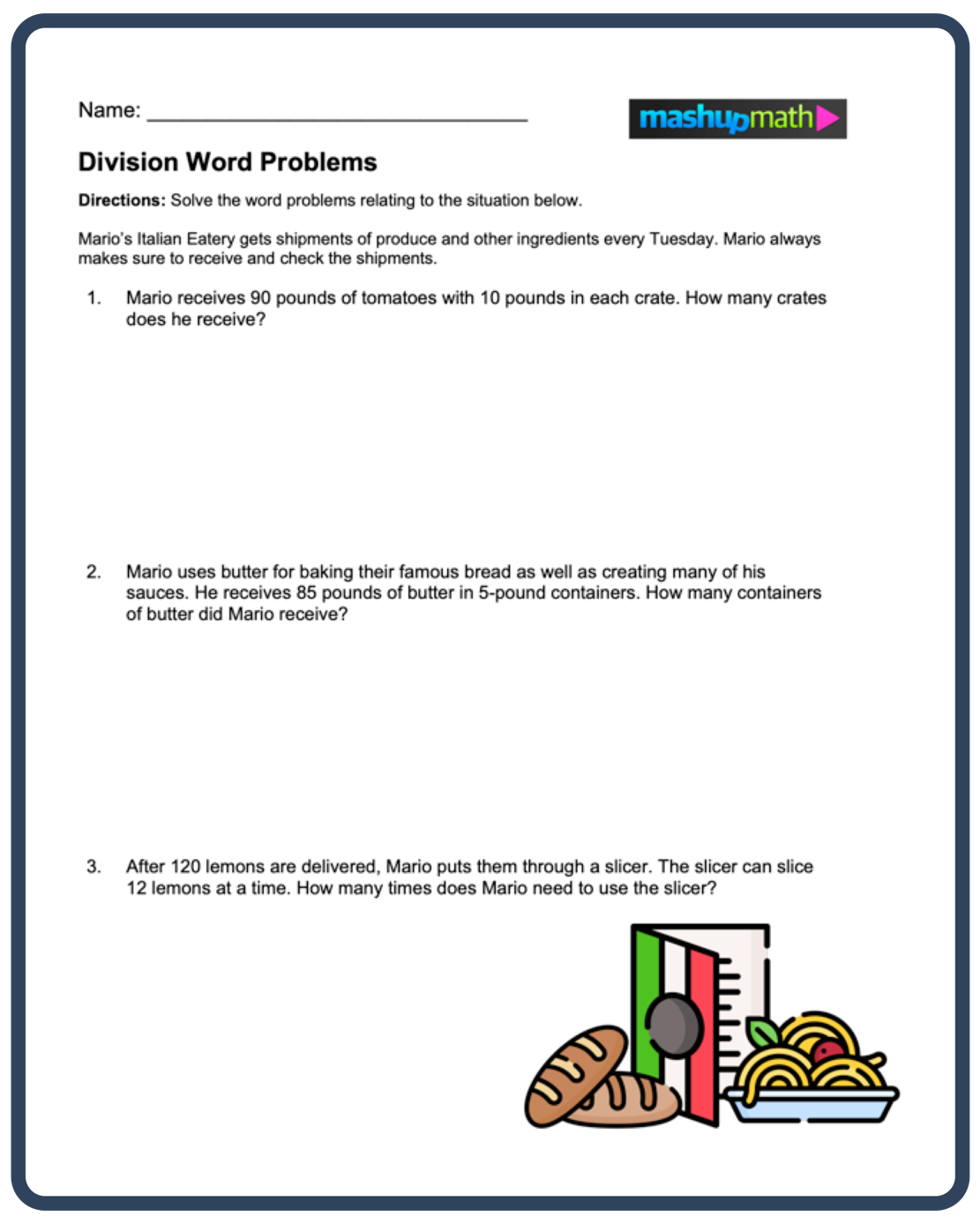 Fifth-grade students working on real-life math challenges in a division activity Children engaged in solving division word problems on a classroom math worksheet