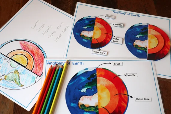 Fifth grade student labeling a diagram of the Earth's layers on a science worksheet