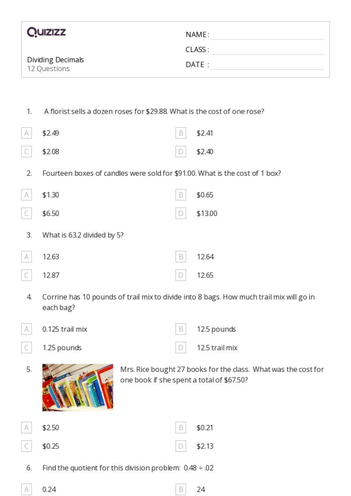 Fifth grade math worksheet featuring Easter treats to practice dividing decimals