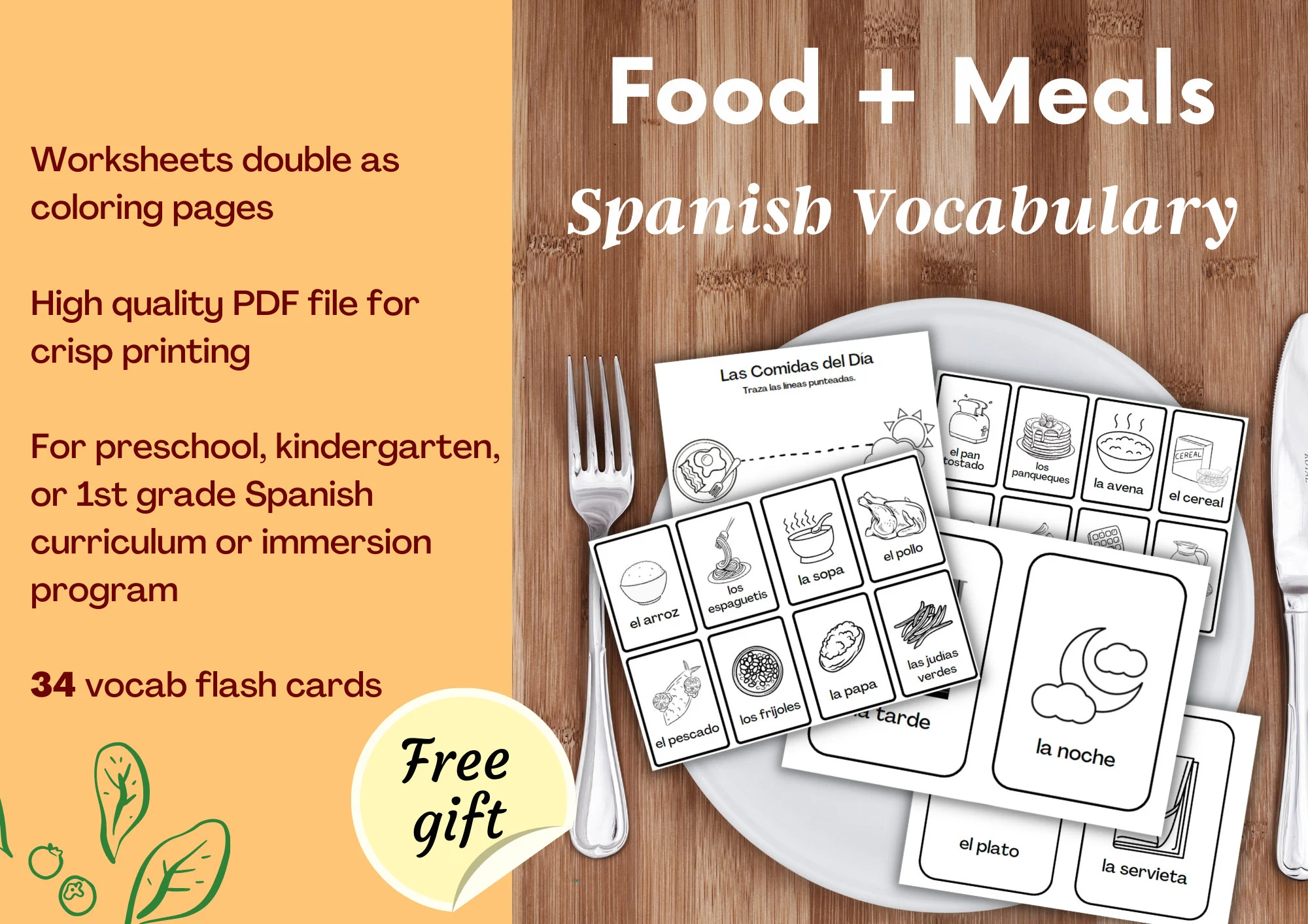 Eating in Spanish worksheet featuring Sam and Paula learning to order food