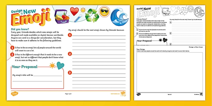 Fifth grade student worksheet for designing and creating a custom emoji based on geography concepts