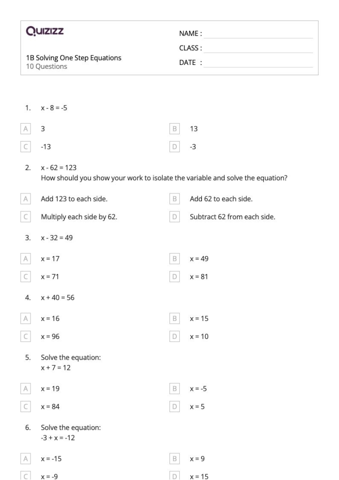 Solving One and Two Step Equations Practice Exercise 12 Fifth grade students solving one and two step algebraic equations with variables and numbers on a practice worksheet
