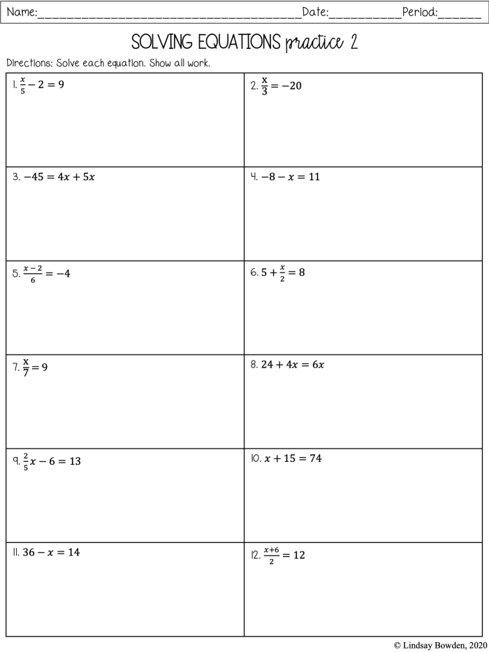 Solving One and Two Step Equations Practice Problems for Grade 5 Fifth grade students solving one and two step algebraic equations on a practice worksheet