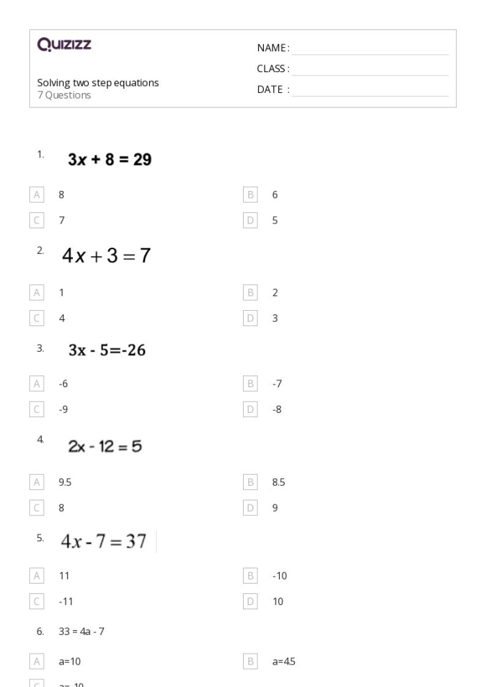 Solving One and Two Step Equations Practice Problems for Grade 5 Fifth grade students solving one and two step algebraic equations with variables and whole numbers