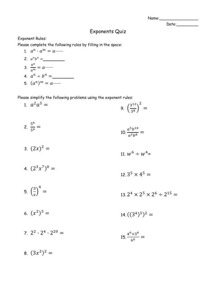 Exponents Rules Practice Worksheet for Fifth Grade Lesson 22 Fifth grade math worksheet featuring introductory exponent rules and practice problems