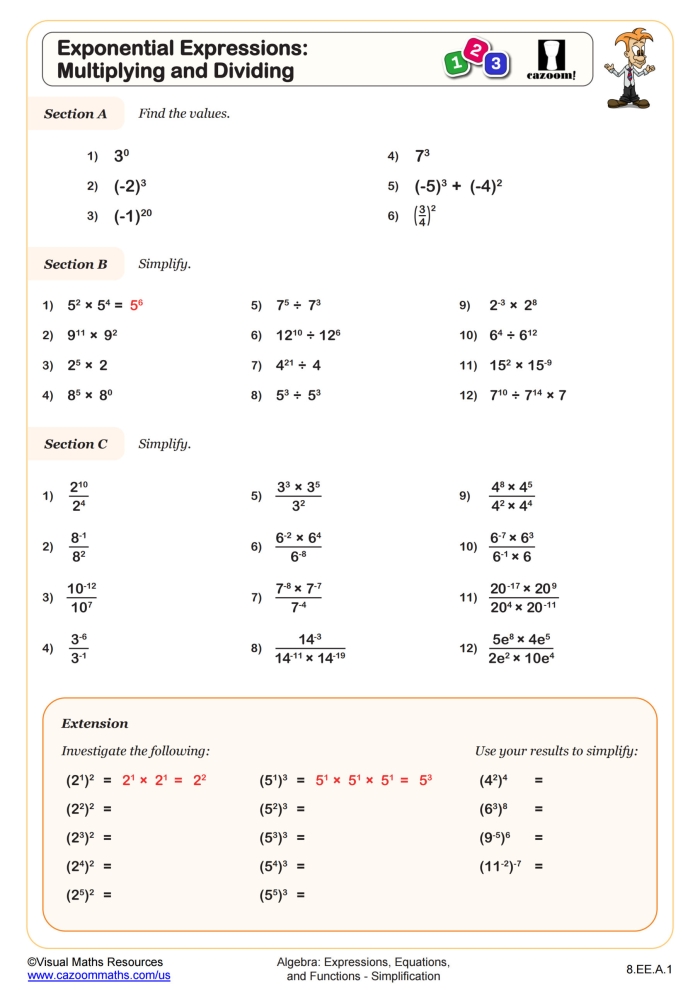 Step-by-step guide to mastering exponents for young learners Exponents Expressions worksheet designed for fifth graders to simplify learning