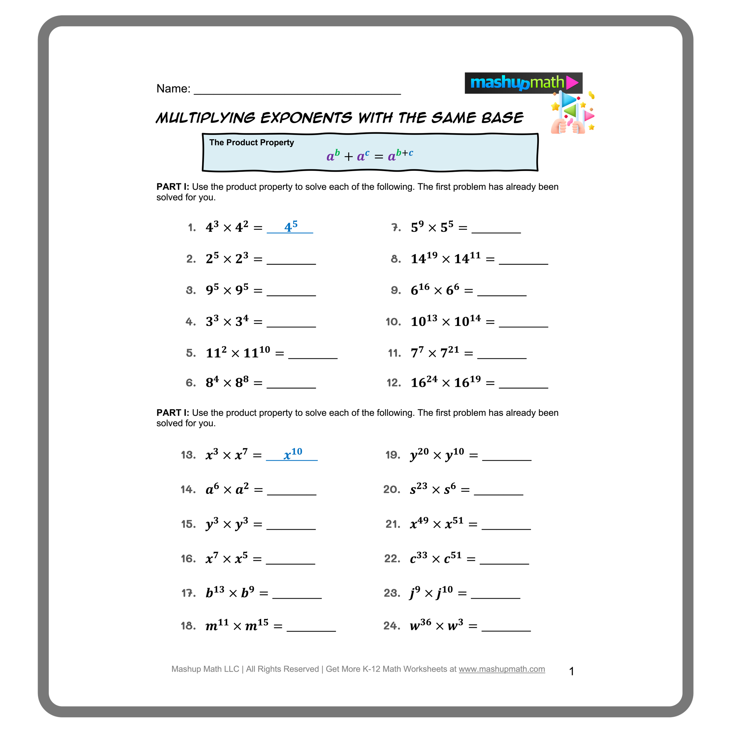 Exponents Rules Worksheet Number 13 for Fifth Grade Math Practice Fifth grade math worksheet featuring introductory exponent rules and practice problems for students