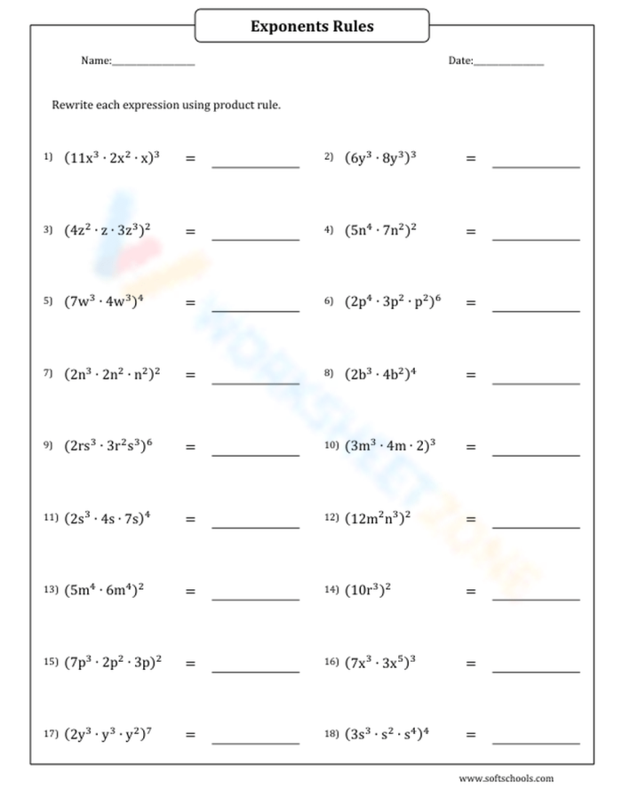 Exponents Rules Worksheet Number 19 for Fifth Grade Math Students Fifth grade math worksheet featuring introductory exponent rules and practice problems
