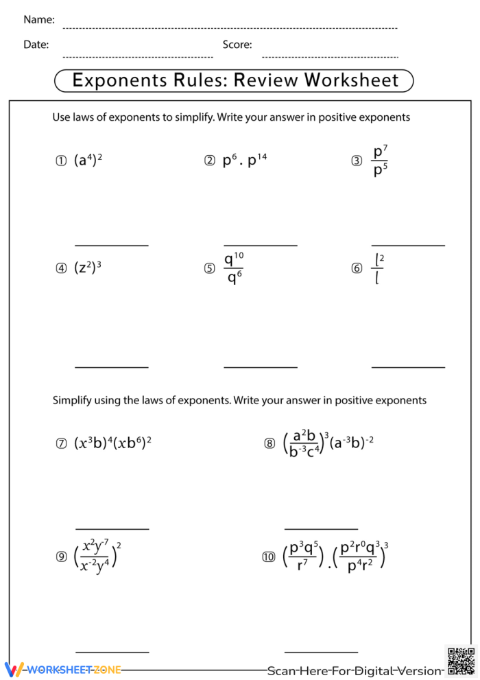 Fifth grade math worksheet on exponents and their rules for beginners Exponents Rules worksheet designed for fifth graders to understand exponent concepts