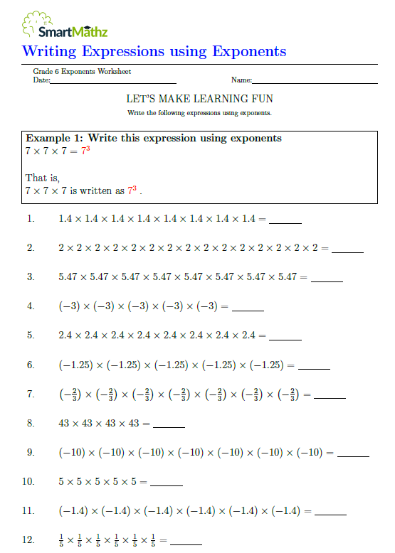 Step-by-step guide to mastering exponents for young learners in grade five Exponents Expressions worksheet designed for fifth graders to simplify learning concepts