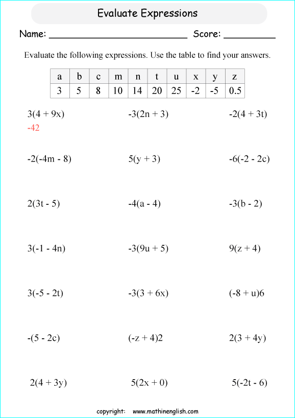 Algebra worksheet focused on variables for grade 5 students Worksheet for fifth graders to practice finding the value of algebraic expressions