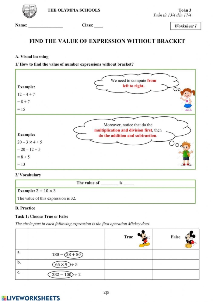 Worksheet image for practicing expression evaluation in fifth grade math Fifth grade algebra worksheet for finding the value of expressions with variables