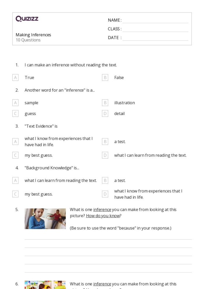 Worksheet for making inferences and interpreting literature for fifth graders Fifth grade students engaging with a worksheet on making inferences in fiction texts