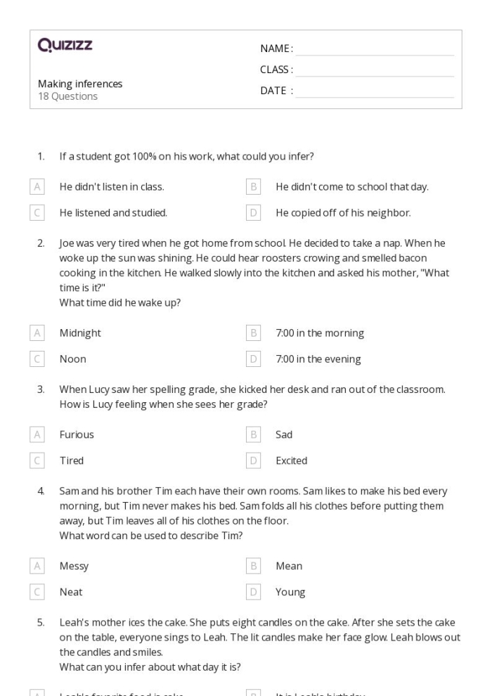 Making Inferences to Interpret Fiction Worksheet for Sight Words, Image 3 Worksheet for fifth graders on making inferences and interpreting fiction passages