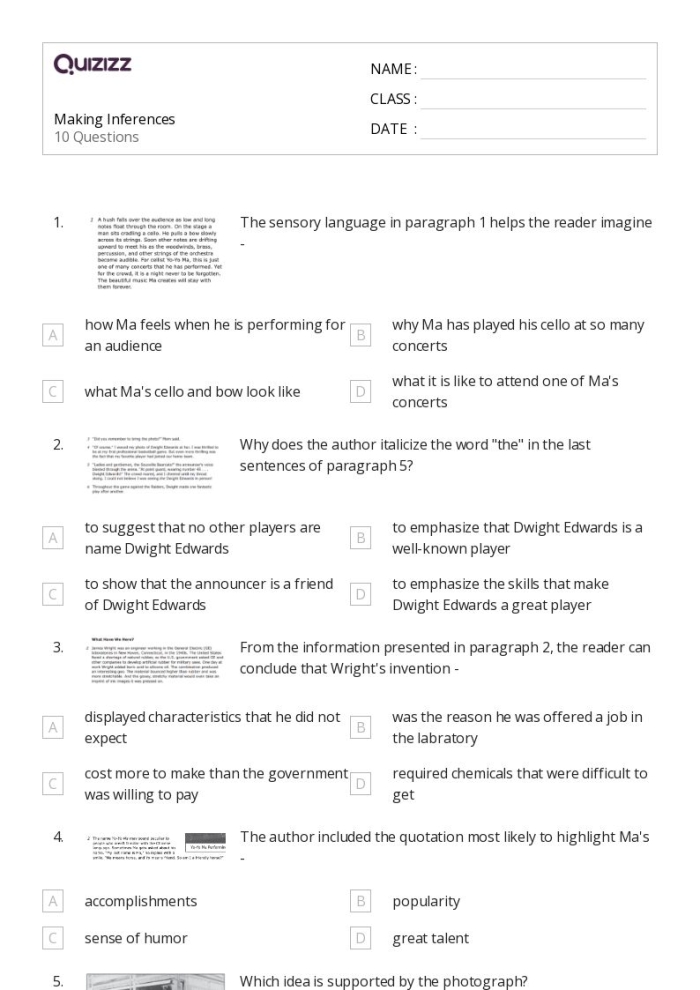 Sight Words worksheet for Fifth Grade Fifth grade students engaging with a worksheet focused on making inferences and interpreting fiction texts. Worksheet image featuring activities on figurative language and text comparison.