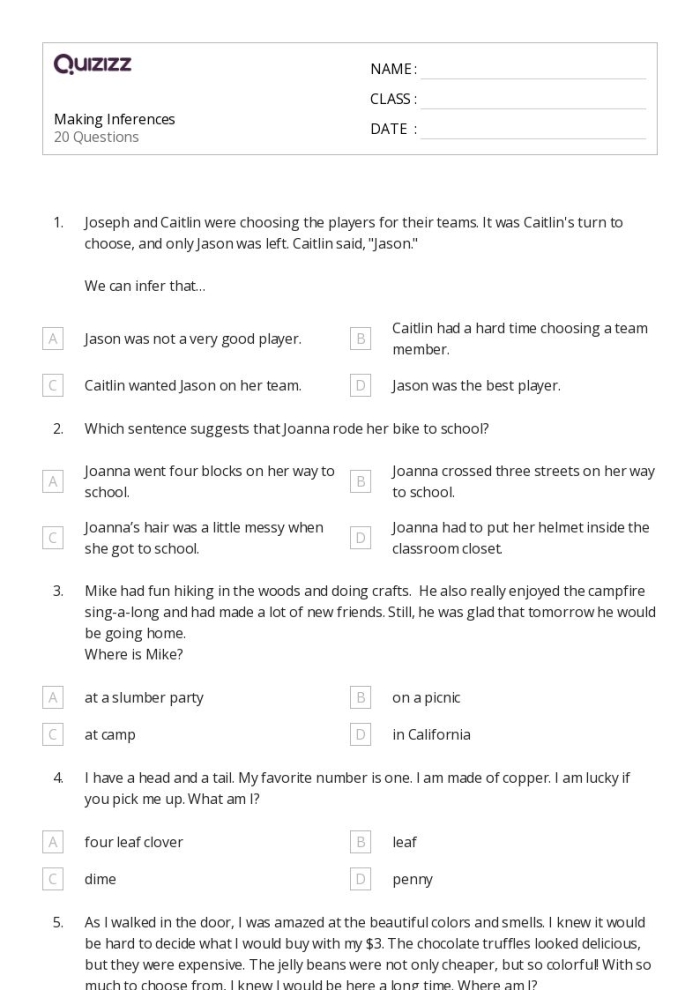 Making Inferences to Interpret Fiction Worksheet - Image 19 Worksheet for making inferences and interpreting fiction for fifth graders