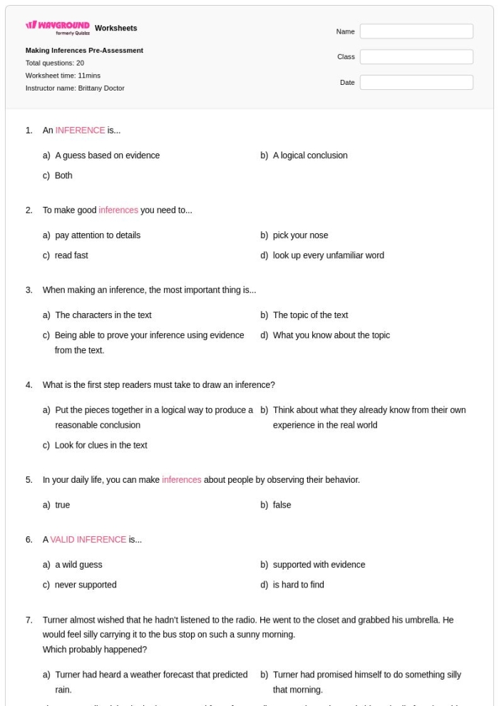 Making Inferences to Interpret Fiction Worksheet - Image 24 Worksheet for making inferences and interpreting fictional texts for fifth graders