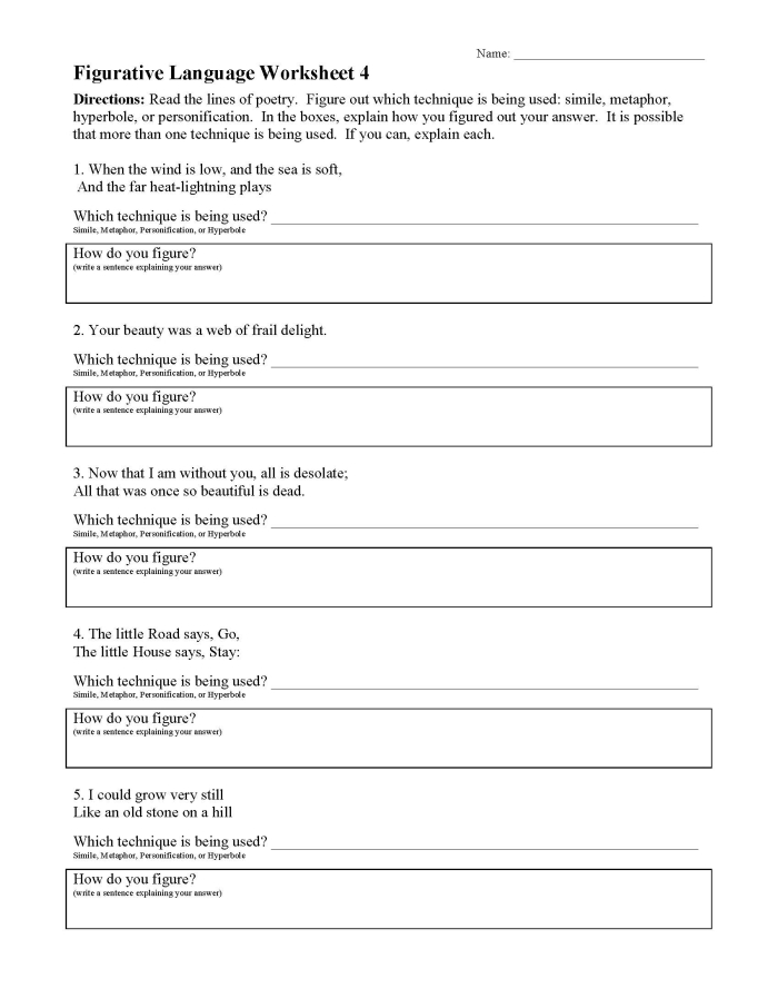 Fifth grade figurative language handout with examples for 24 types of literary devices