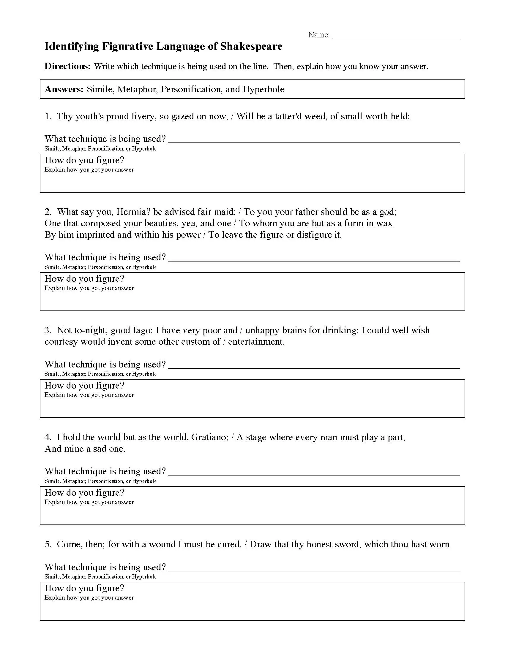 Fifth grade figurative language handout worksheet 19 for literary devices