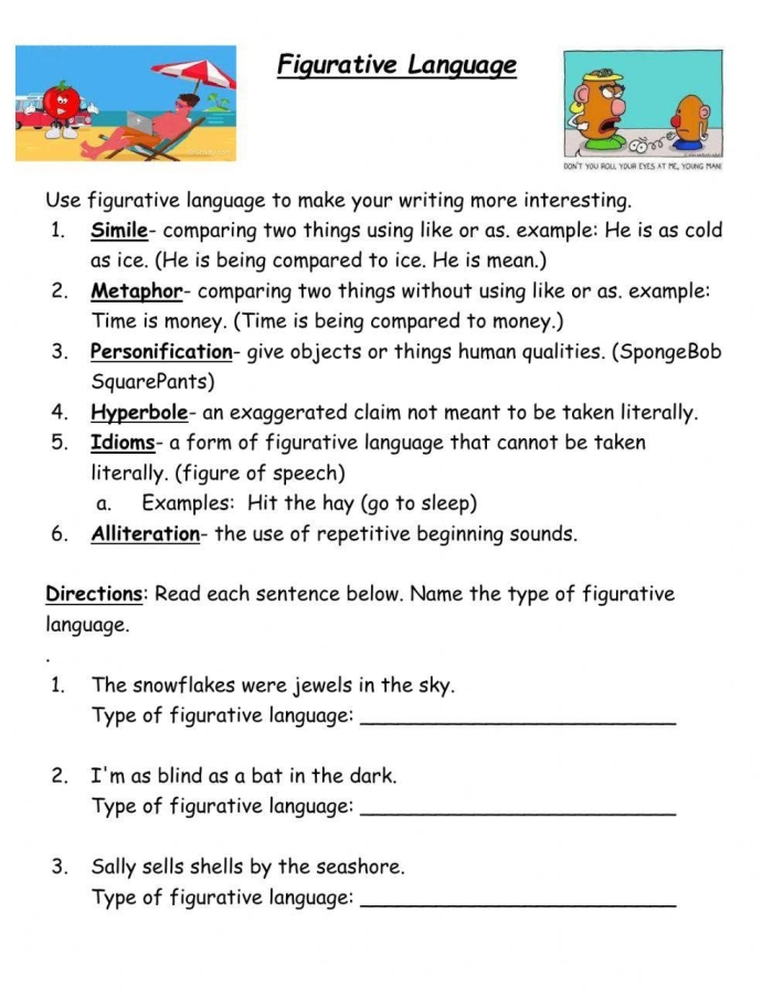 Colorful worksheet introducing eight types of figurative language for fifth graders. Engaging exercise on understanding figurative language concepts.