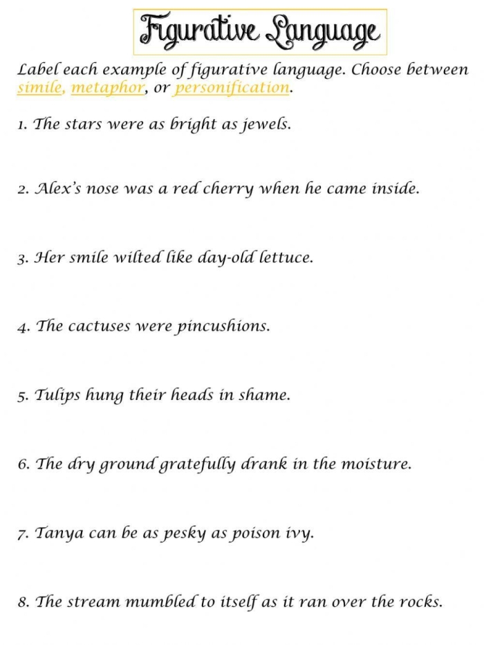 Fifth grade worksheet defining eight types of figurative language for students