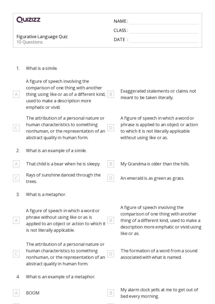 Fifth grade figurative language handout worksheet for classroom lesson 23