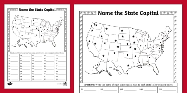 Engaging U.S. Map With Capitals challenge for fifth grade students U.S. map worksheet for fifth graders featuring states and capitals for fill-in-the-blanks activity
