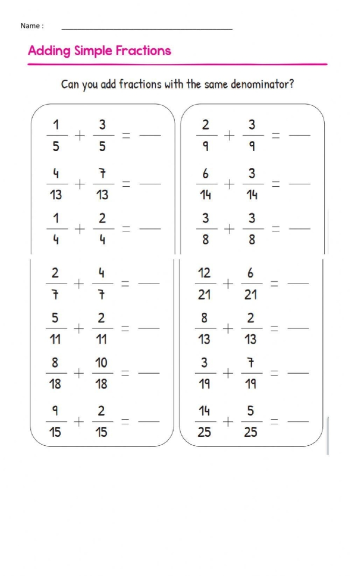 Worksheet for practicing adding and subtracting fractions with different denominators for fifth graders