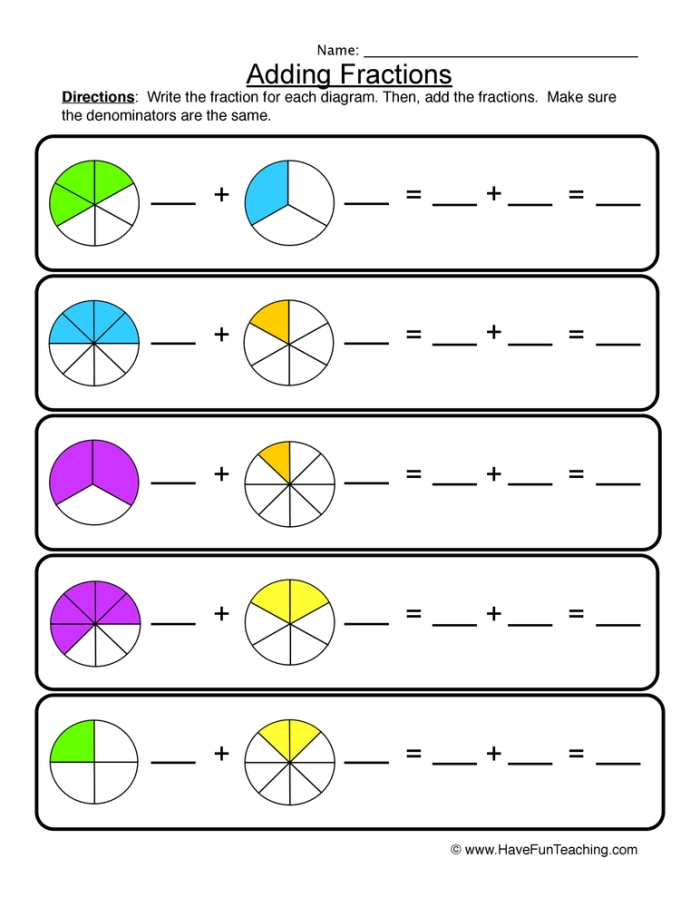 Worksheet featuring exercises on adding fractions for fifth graders