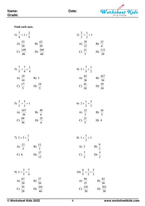 Worksheet for fifth graders to practice adding fractions with unlike denominators