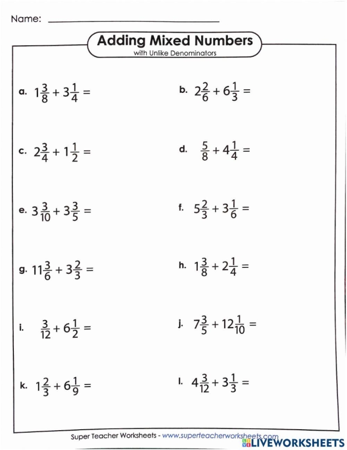 Worksheet for practicing addition of fractions with different denominators for fifth graders