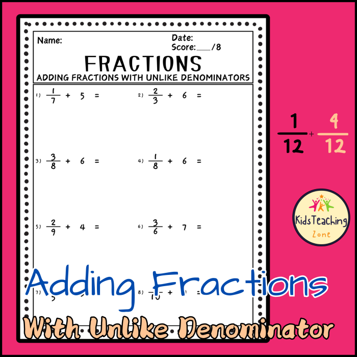 Fifth grade math worksheet for practicing adding fractions with unlike denominators