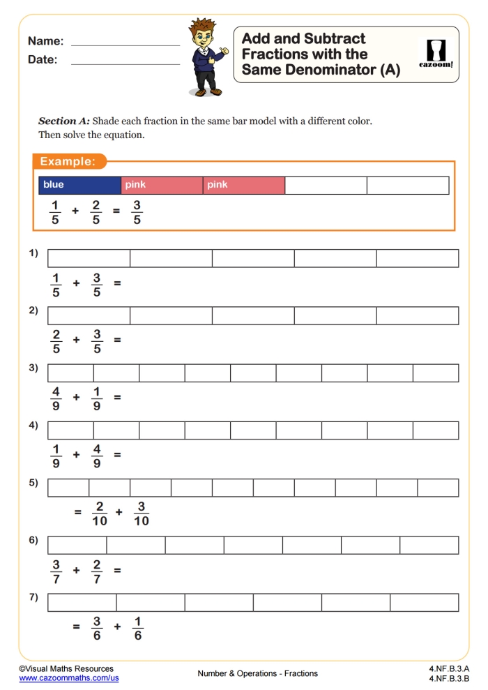 Worksheet for fifth graders on adding fractions, featuring practice problems and visual aids.