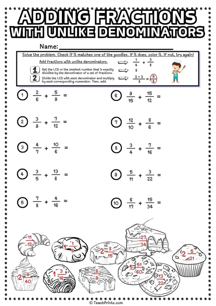 Fifth grade math worksheet featuring practice problems for adding fractions with unlike denominators