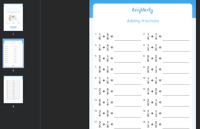 Worksheet for adding fractions, featuring practice problems for fifth graders