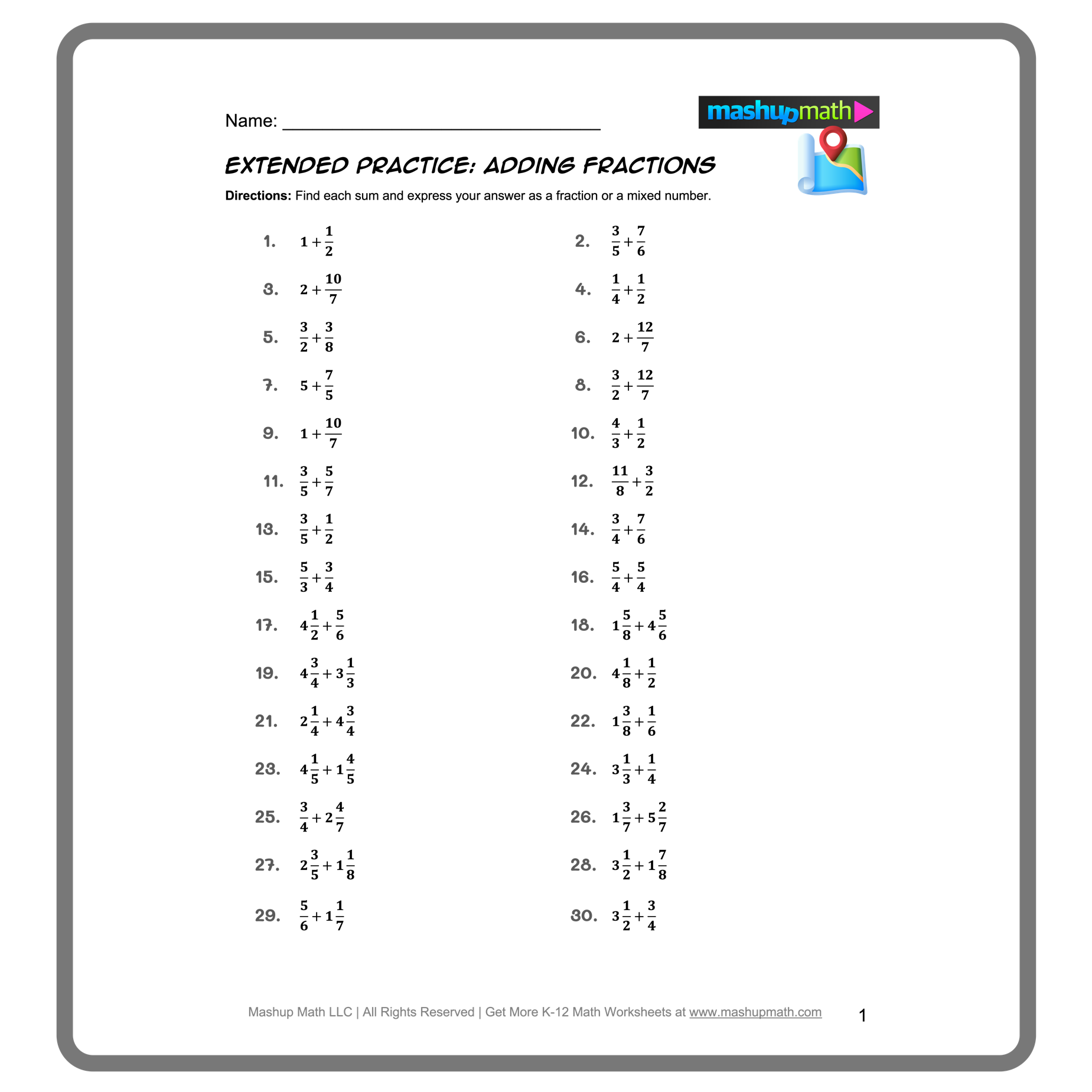 Worksheet for adding fractions with like and unlike denominators for fifth graders