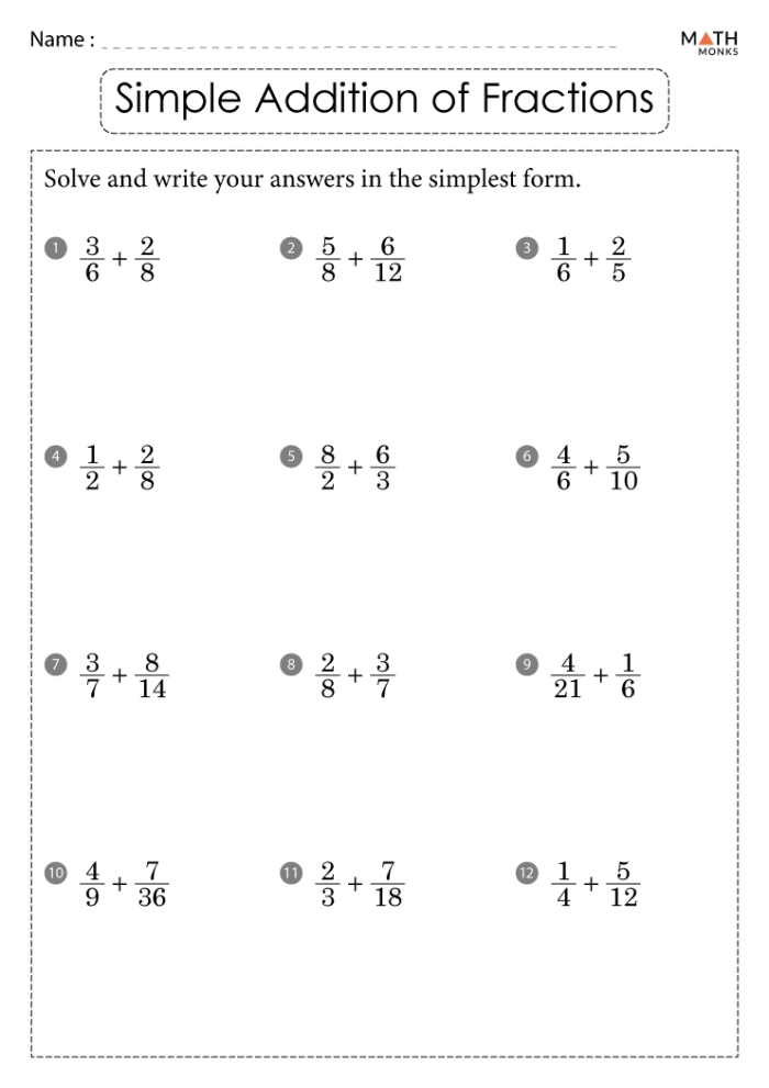 Worksheet for adding fractions with both like and unlike denominators for fifth graders