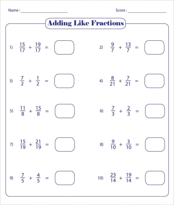 Worksheet illustrating how to add fractions with like and unlike denominators for fifth graders