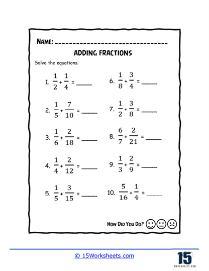 Worksheet for adding fractions, featuring practice problems for fifth graders in Japanese.