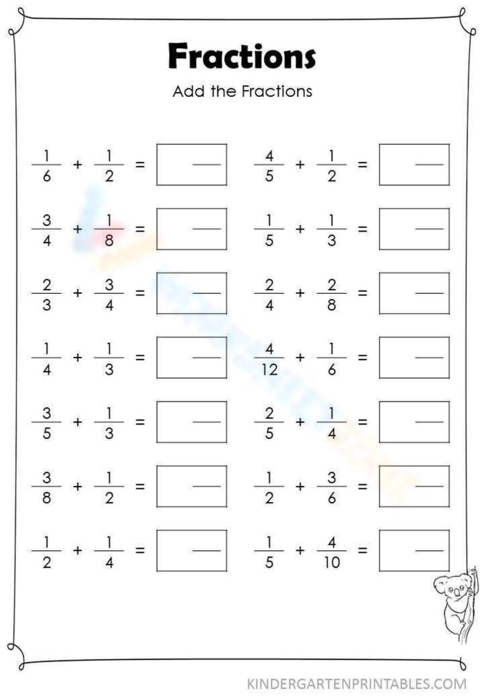 Worksheet featuring problems on adding fractions, both like and unlike denominators. Educational resource for fifth graders learning fraction addition.