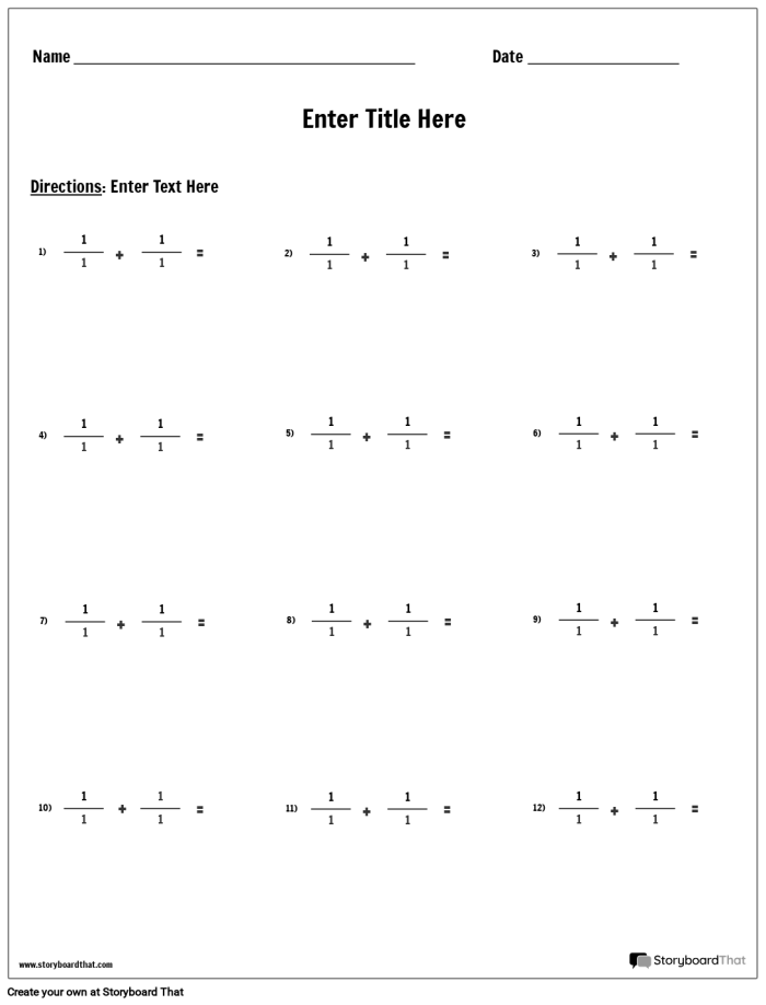 Worksheet for adding fractions, featuring practice problems for fifth graders.