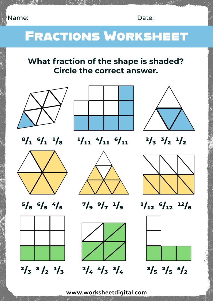 Fifth grade math worksheet focused on mastering various fraction concepts