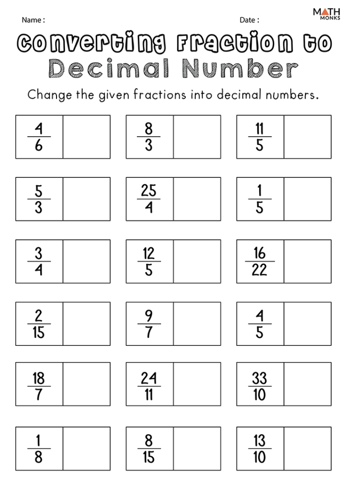 Glossary for fifth graders on converting fractions to decimals