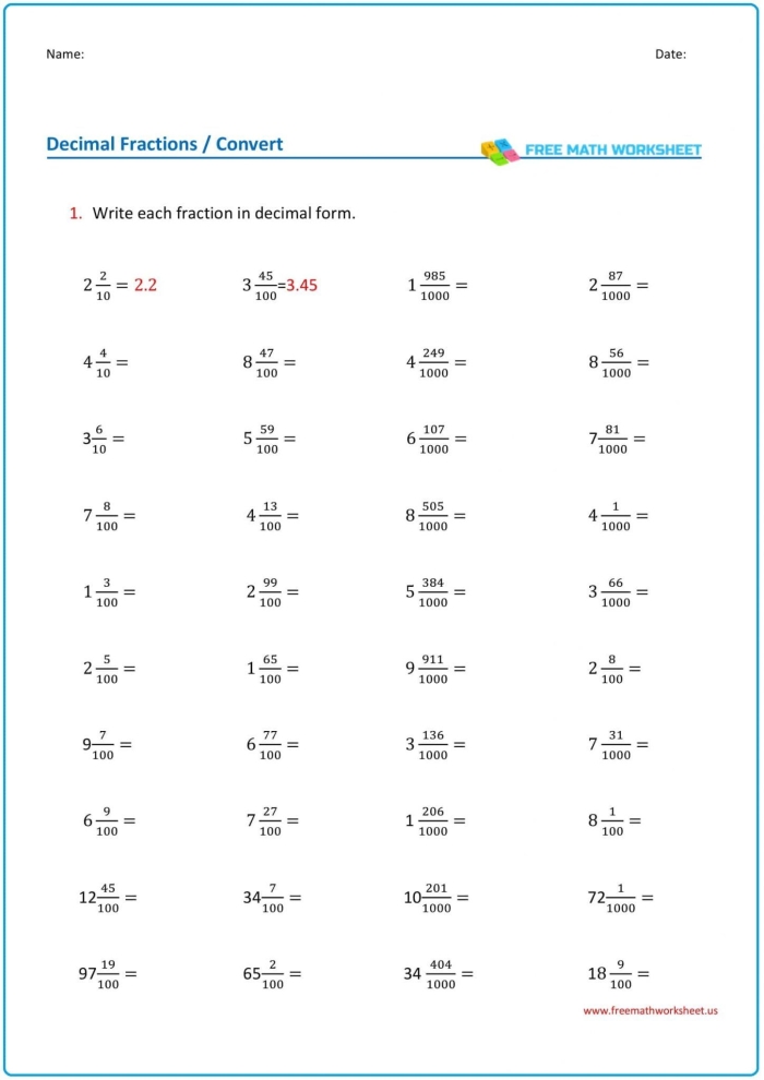 Glossary worksheet for converting fractions to decimals for fifth-grade students