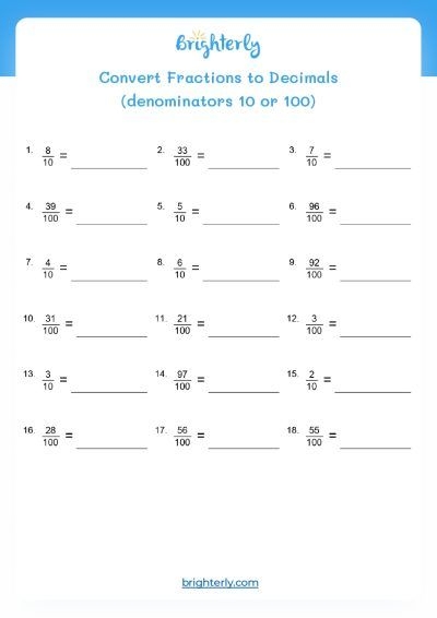 Glossary worksheet for converting fractions to decimals for fifth graders