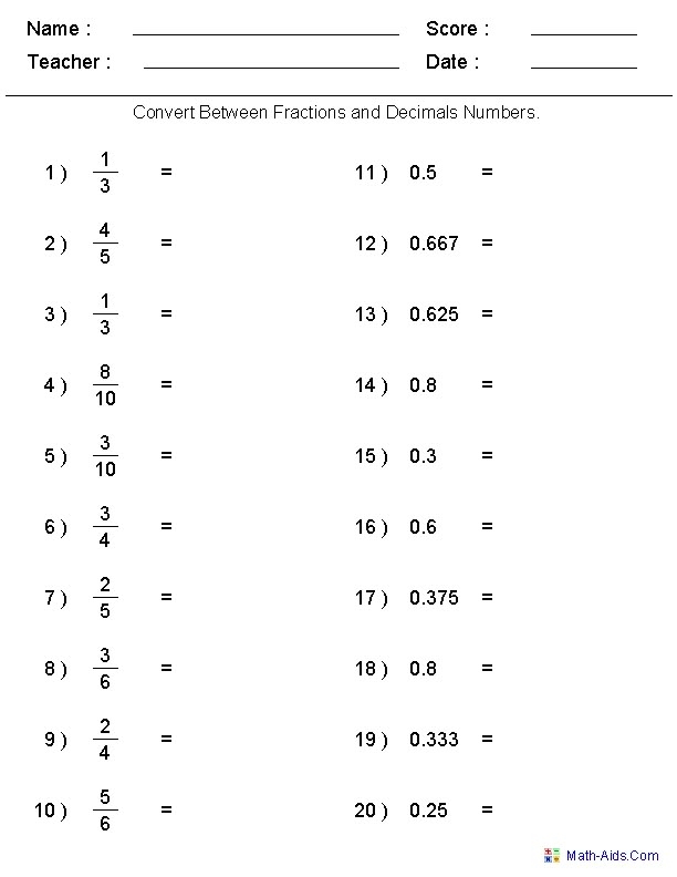 Glossary sheet for fifth graders on converting fractions to decimals