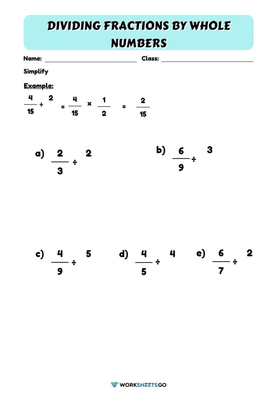 Dividing Fractions by Whole Numbers Practice Worksheet for 5th Grade Fifth grade student completing a math worksheet on dividing fractions by whole numbers