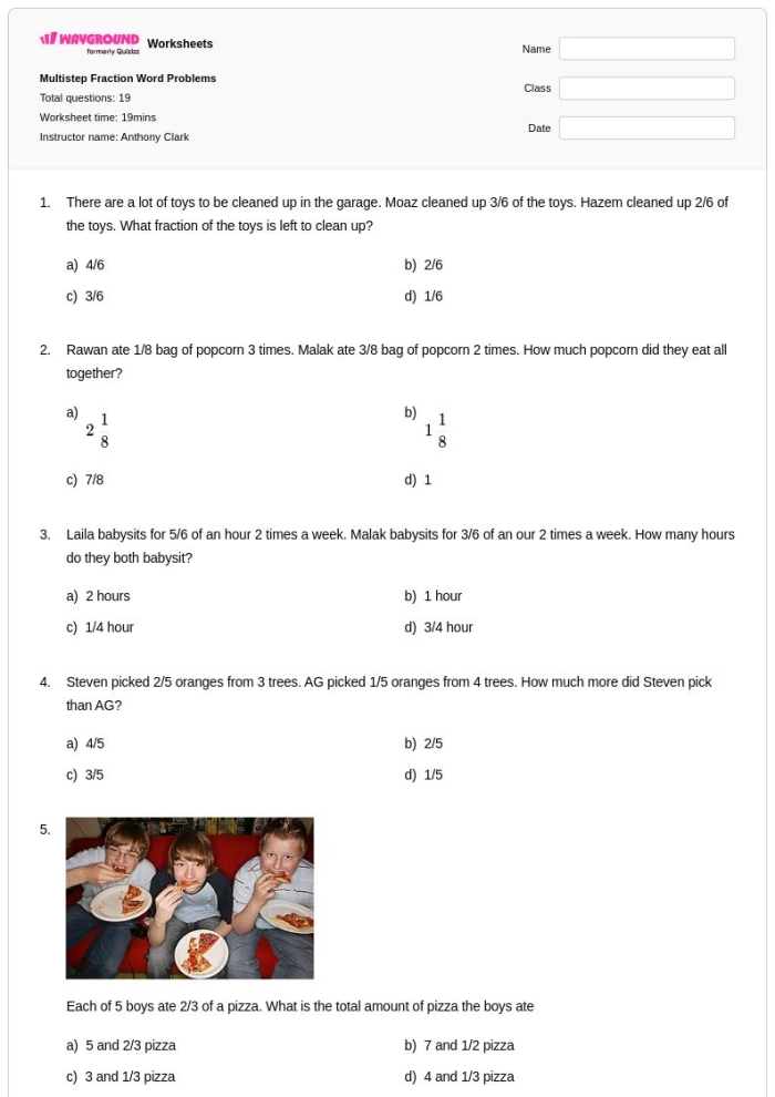Fifth grade students solving multi-step fraction word problems with geometric shapes and measurements