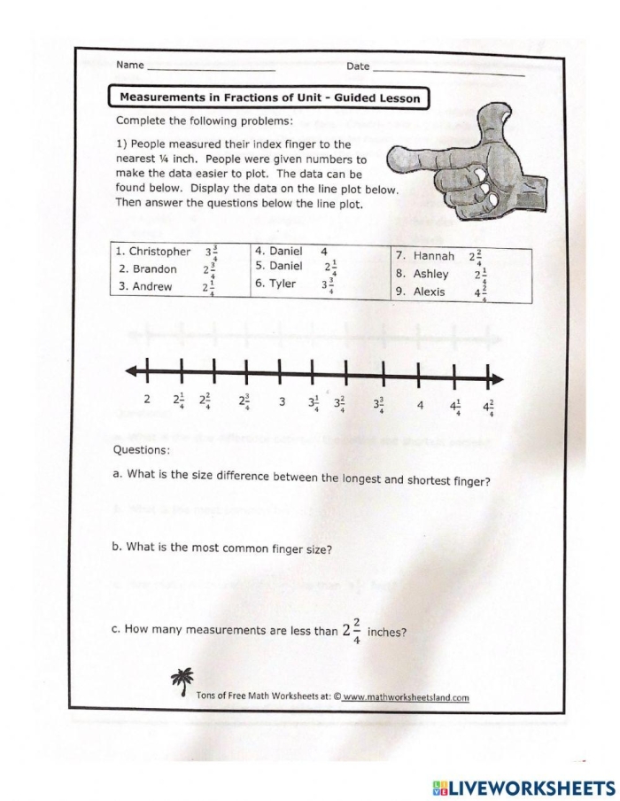 Fifth grade students plotting snowfall measurements as fractions on a line plot worksheet activity