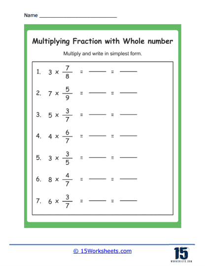A student completing a fifth grade math worksheet on multiplying whole numbers by fractions with fourteen practice problems